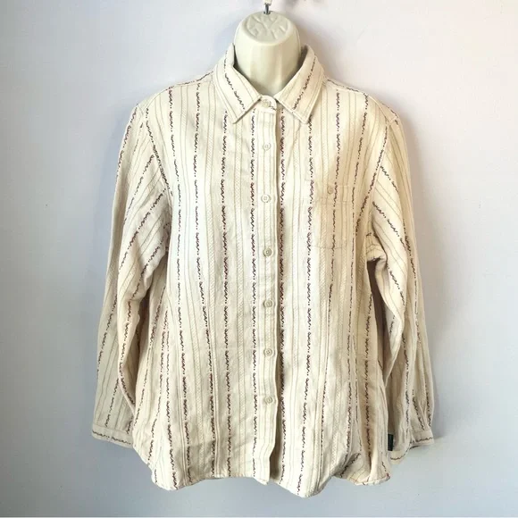 Vtg Woolrich Women’s Cream Burgundy/Red Tan Striped Cotton Button-Up Shirt Sz L - Picture 15 of 15